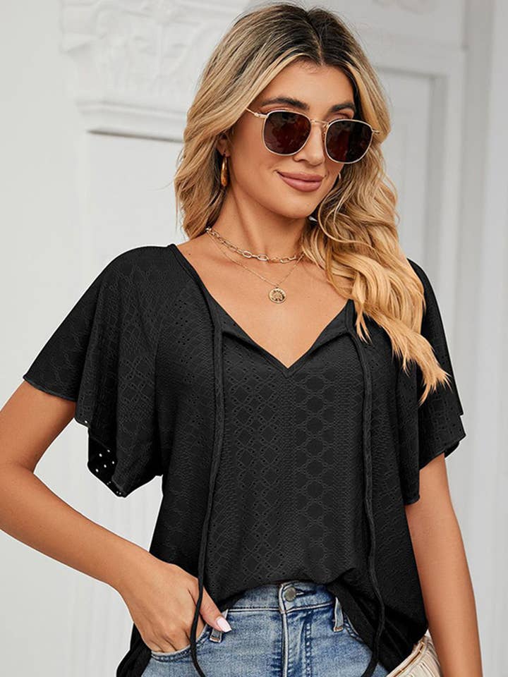 Lily Clothing - Wholesale Blouse - Women's - CWTTS0472_V NECK PUNCHING LACE UP RUFFLE LOOSE TOP5