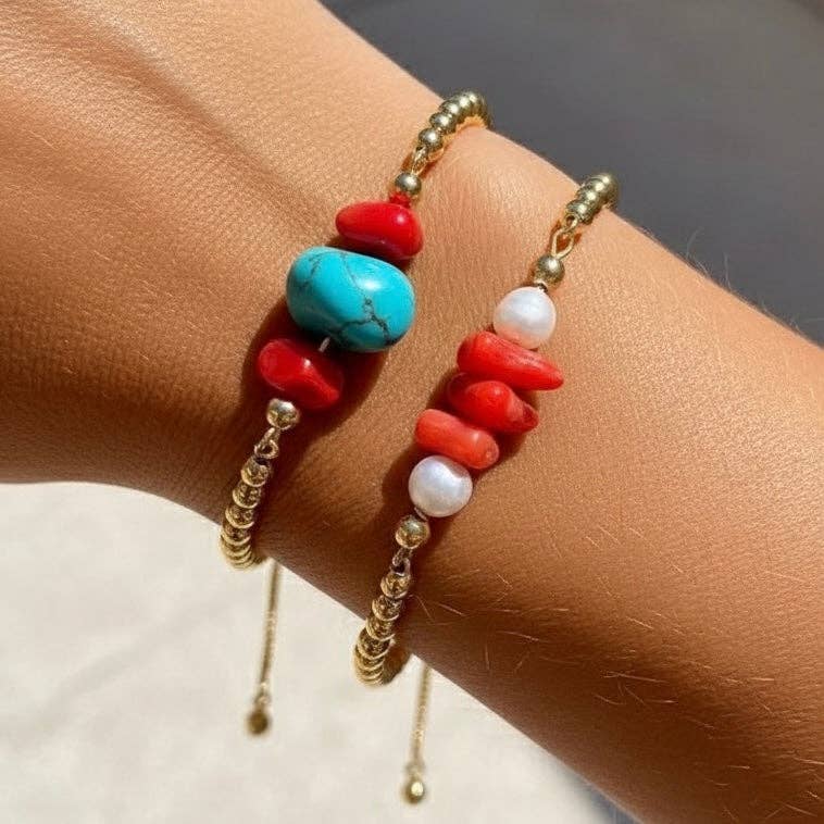 OE! - Wholesale Charm/Dangle Bracelet - PIETRE RED – 18K gold-plated steel bracelet with natural stones0