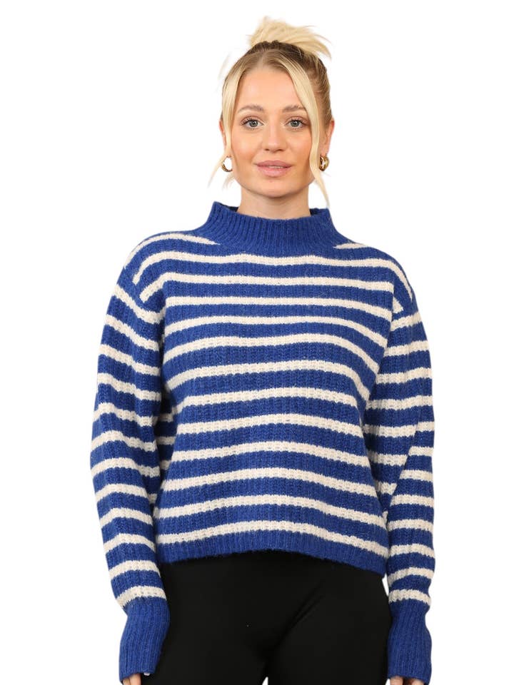 Cosy Striped Jumper with Mock Neck – Soft Acrylic Knit B/W for wholesale by Elainah Fashion