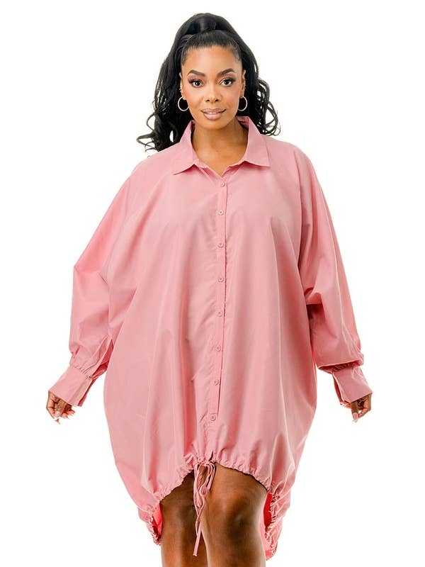 Namatt Design - Wholesale Dress - Women's - Plus Oversized Long Sleeve Drawstring Hem Shirt Dress