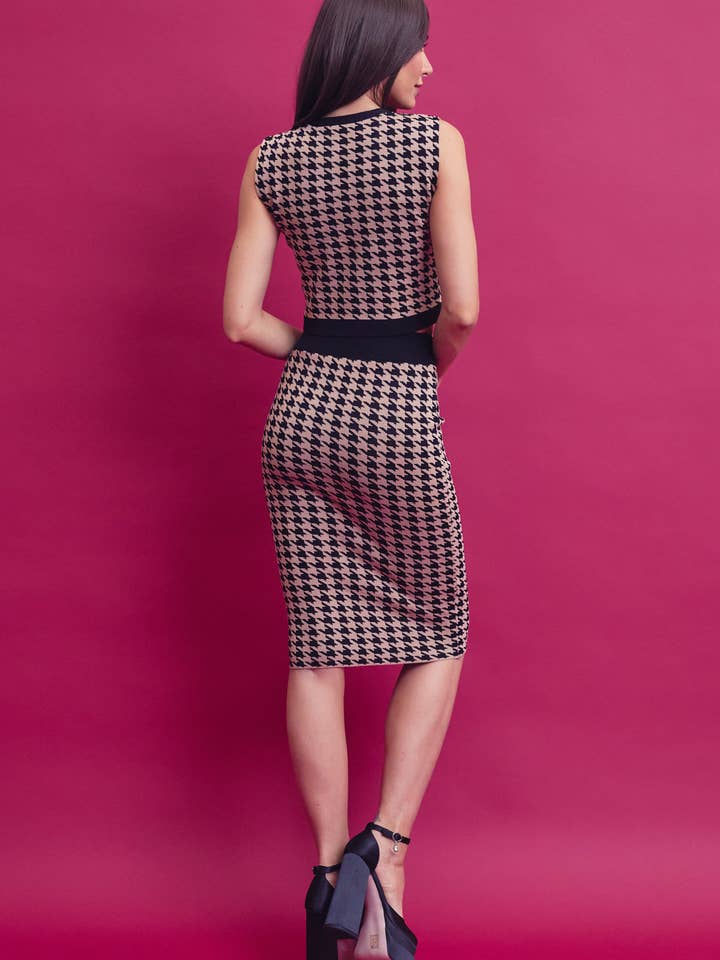 MOCHA BLACK Houndstooth knit top and midi skirt set for wholesale on Faire7