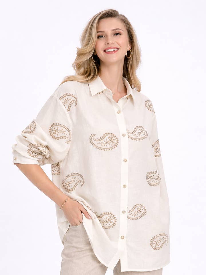 Camisa holgada con estampado de cachemira y mangas enrollables para venta al por mayor de Lucy Sparks