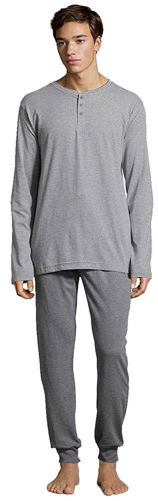 Active Grey Heather Hanes Men's 1901 Heritage Striped Henley Crewneck & Jogger P for wholesale on Faire0