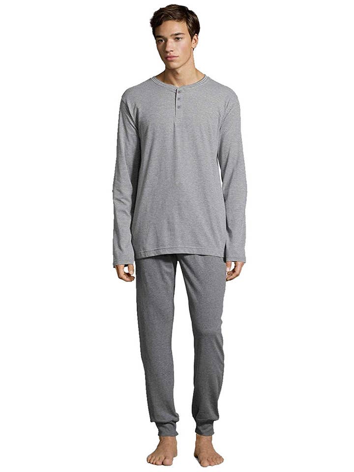 Active Grey Heather Hanes Men's 1901 Heritage Striped Henley Crewneck & Jogger P for wholesale on Faire