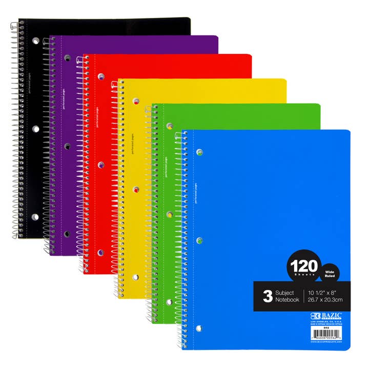 BAZIC Products - Wholesale Notebook - Notebook Spiral W/R 3-Subject 120 Ct
