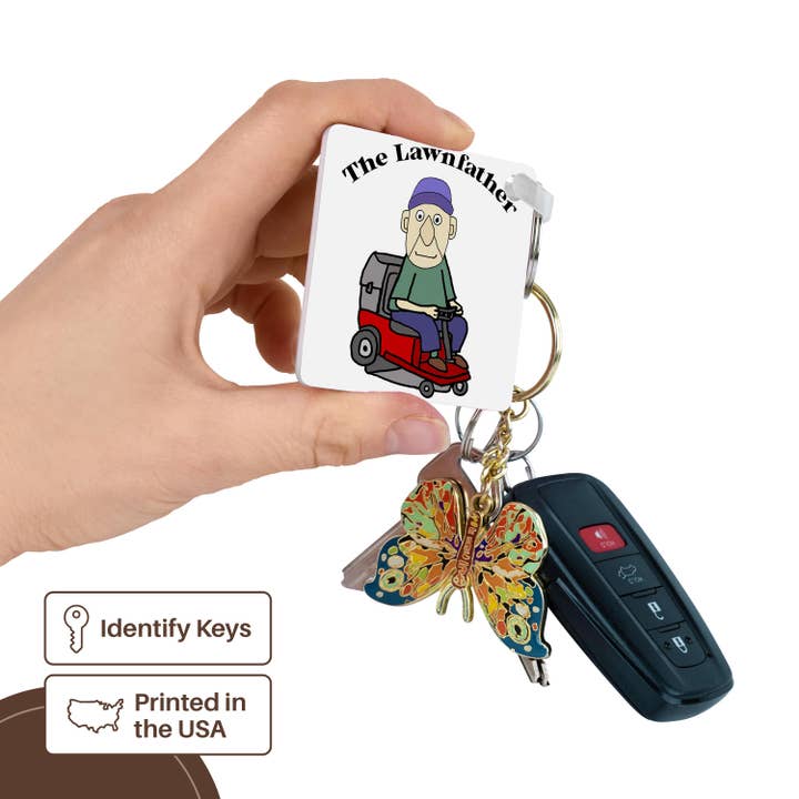 3dRose - Wholesale Keychain - Unisex - 3dRose, Funny Cute Old Man on Riding Lawn Mower the Lawnfather Mowing Pun, Key Chain