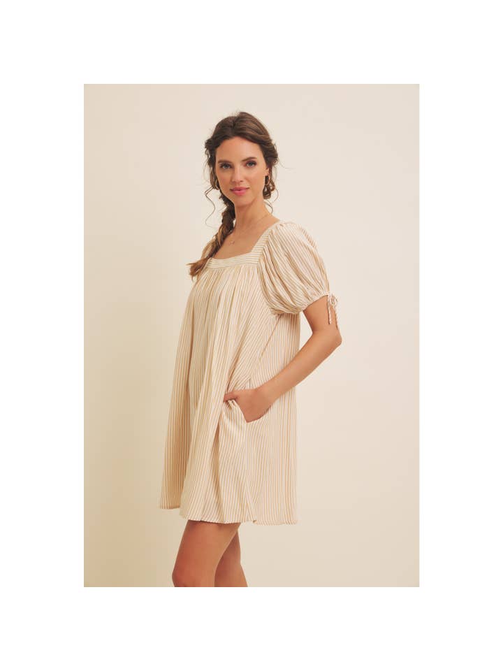 in february - Wholesale Dress - Women's - SQUARE NECK STRIPE FLARE MINI DRESS WITH BOW ON THE SLEEVES24