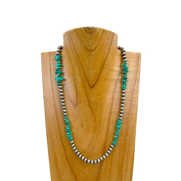 NKZ030524-37 18 inches silver Navajo pearl with green turquoise nuggets beads Necklace for wholesale by Western Elite Jewelry