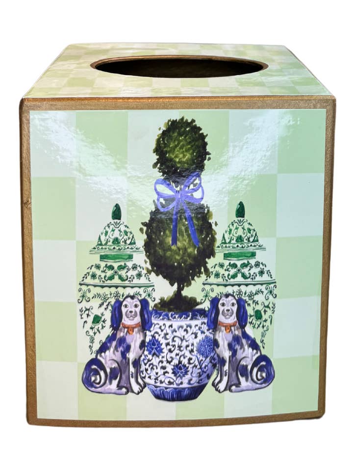 Paper Mache Kleenex Box Staffordshire dogs and topiary for wholesale by TOPICS IN THE TROPICS