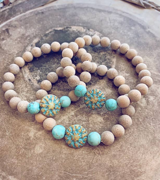 silketræ naturlig turkis og tjekkisk glas ro/silketræ beaded mala stretch armbånd for engroshandel på Faire3