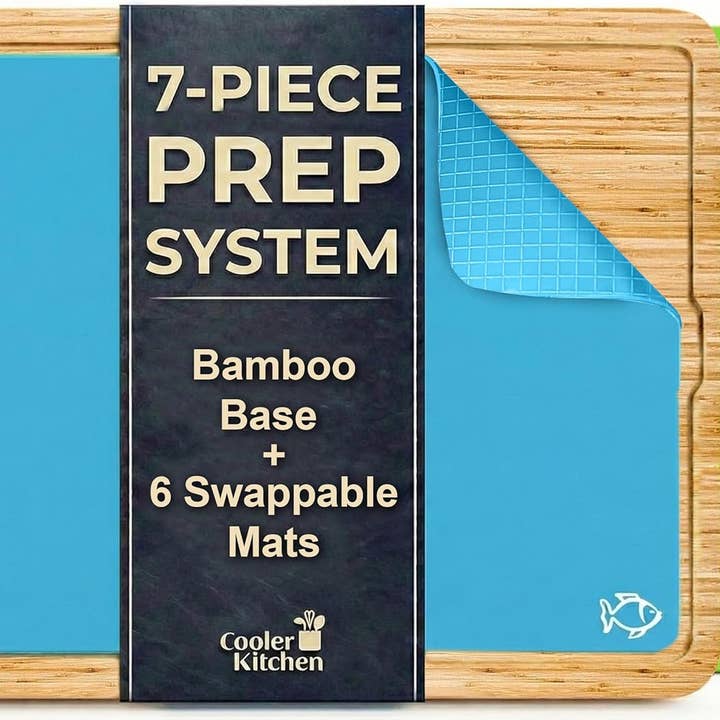 Bamboo Cutting Board with 6 Color-Coded Cutting Mats for wholesale by Cooler Kitchen
