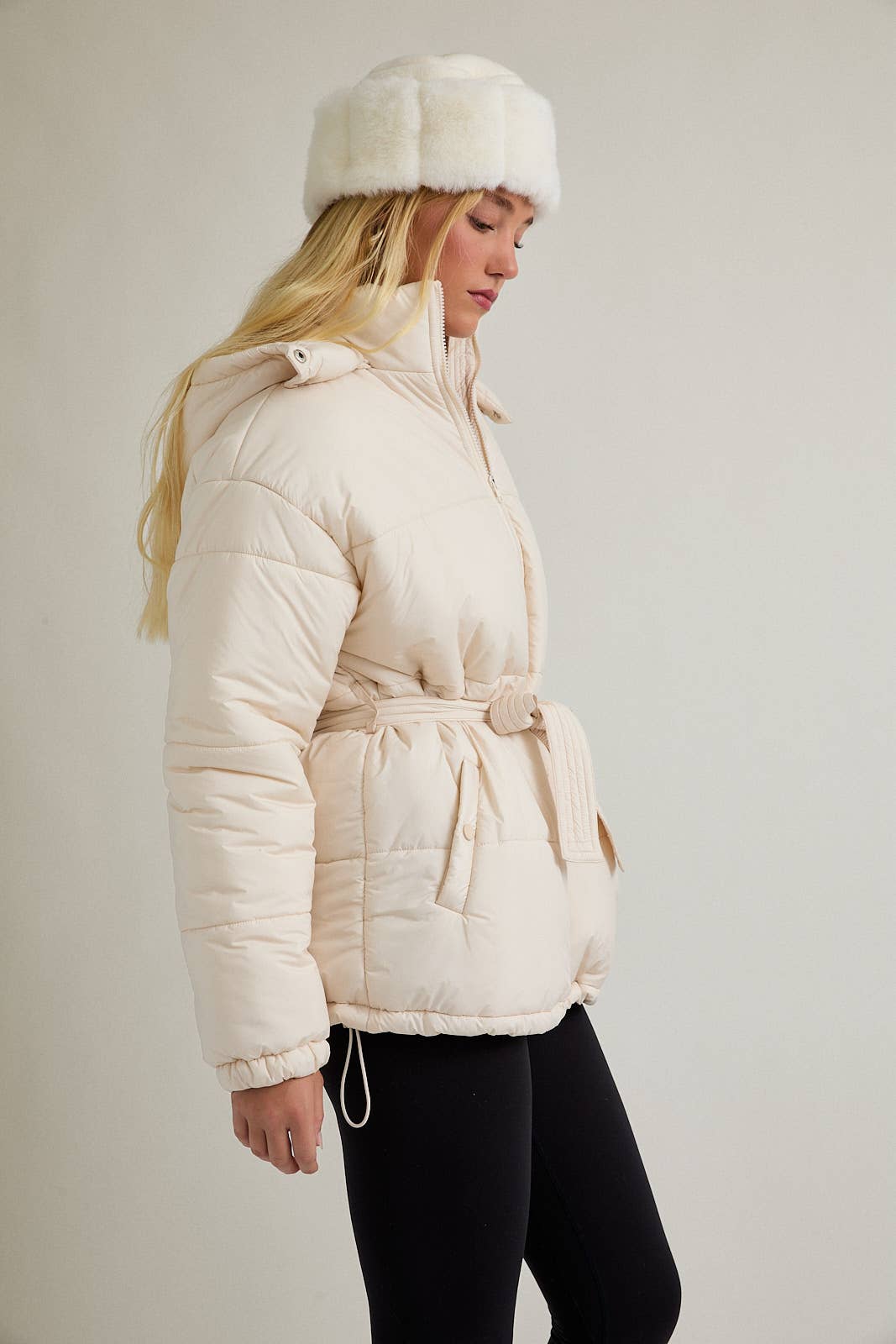 CREAM MID LENGTH PUFFER JACKET WITH REMOVABLE HOOD for wholesale on Faire1