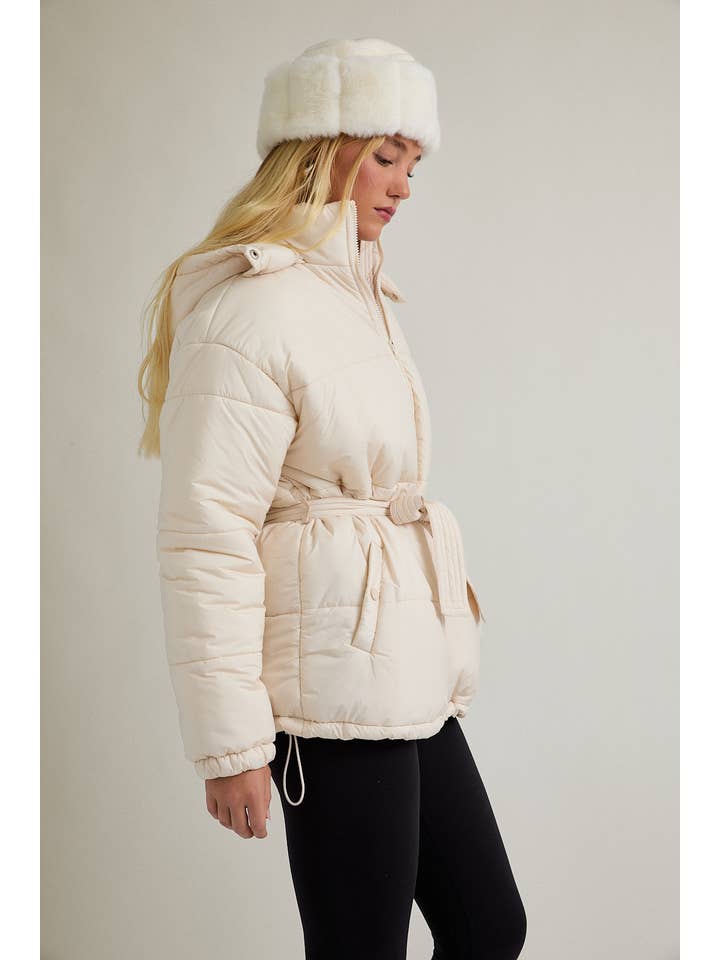 CREAM MID LENGTH PUFFER JACKET WITH REMOVABLE HOOD for wholesale on Faire1