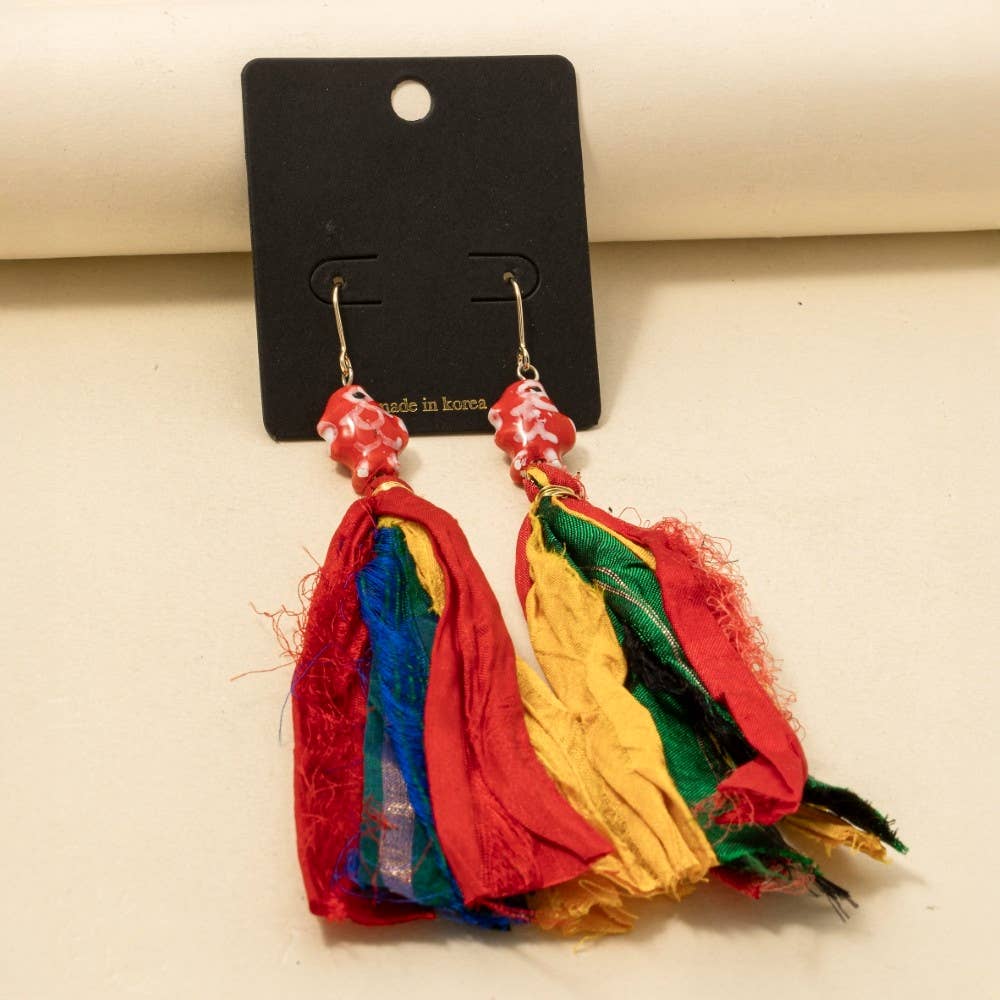 Anarchy Street - Wholesale Dangle Earrings - Ceramic Fish Multi Fabric Fringe Drop Earrings2
