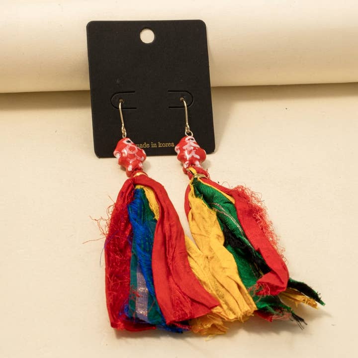 Anarchy Street - Wholesale Dangle Earrings - Ceramic Fish Multi Fabric Fringe Drop Earrings2