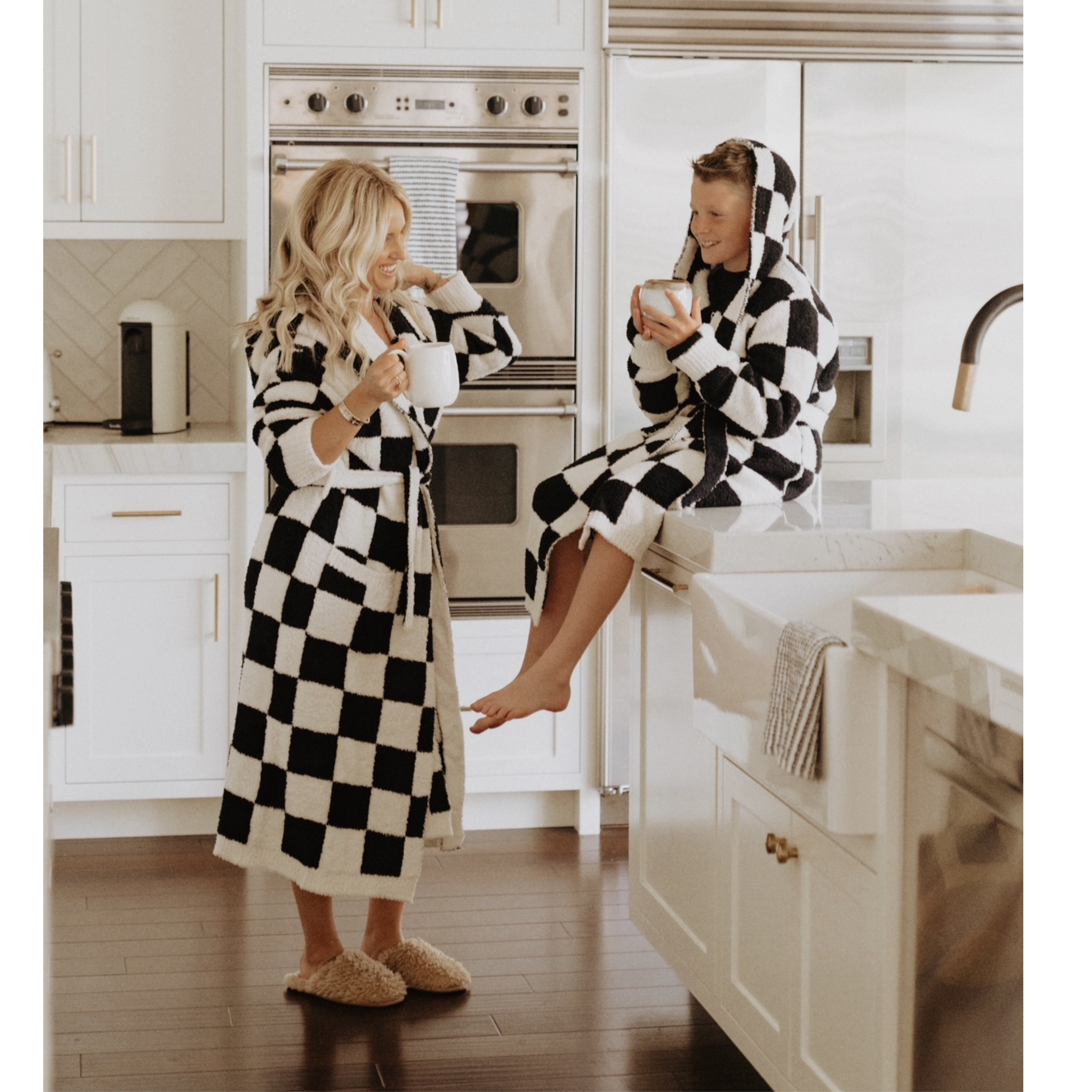 Black Cream New Hooded Checker Luxe Robe for wholesale on Faire10