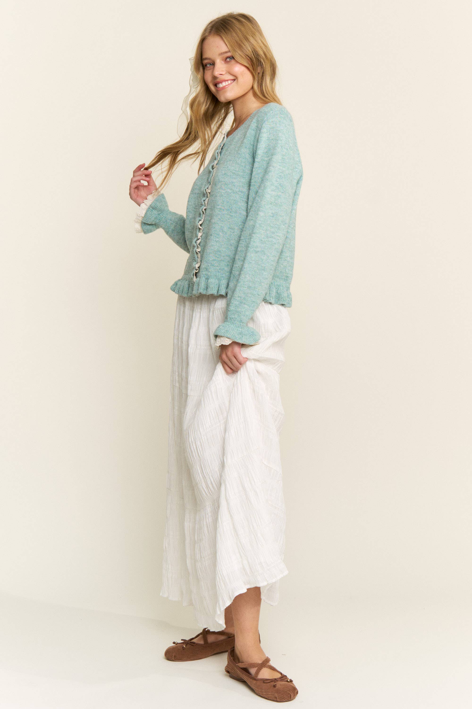 CANDESCENT - Wholesale Cardigan - Women's - Lace Trim Ruffle Hem Cardigan15