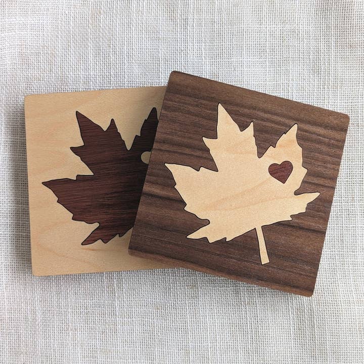 Maple Leaf Wood Inlay Coaster - Made in Canada for wholesale by Foxwood Gifts Canada