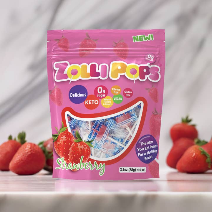 Zolli Candy, The Clean Teeth Candy - Wholesale Lollipop - Zollipops Zero Sugar Strawberry - 3.1oz Pouch1