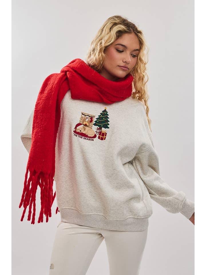 LT H GREY "TIS THE SEASON" GRAPHIC EMBO CREW NECK OVERSIZED SWEATSHIRT for wholesale on Faire1