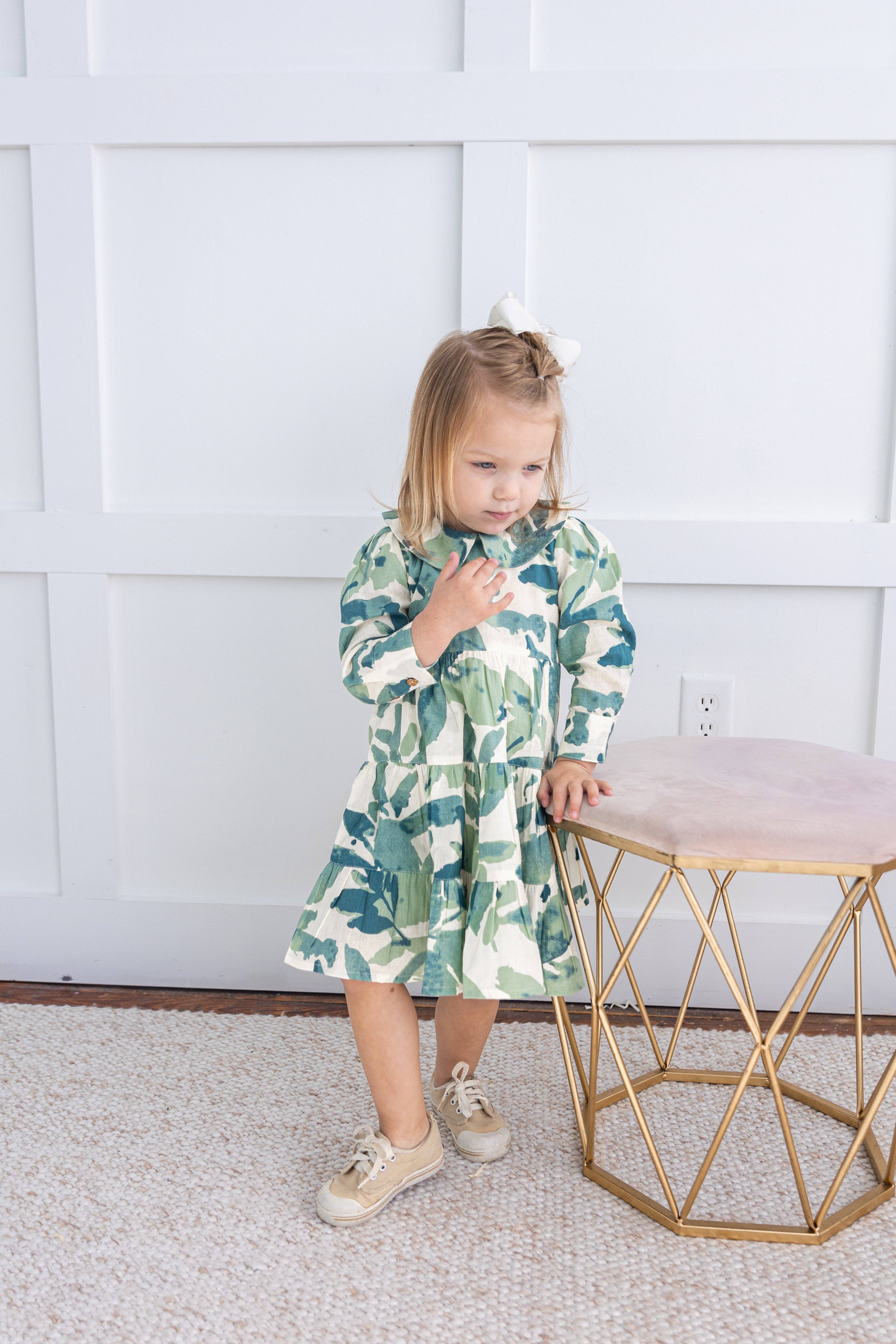Yo Baby - Wholesale Dress - Kids - Sage-Green Leaf Printed Peter Pan Collar Tiered Long Sleeve Dress6