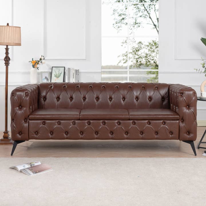 84.06" Dark Brown PU Leather 3-Seater Sofa with Square Arms for wholesale by 39F Inc.
