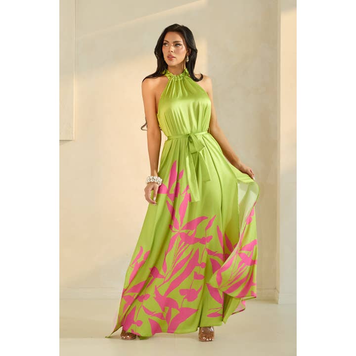 ROBE LONGUE FRONCÉE À ENCOLURE LICOU FENDUE pour la vente par The Sang