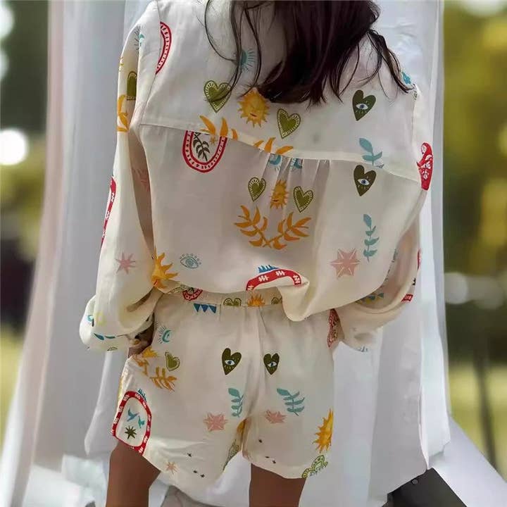 PRINTING Floral Print Long Sleeve Shirt And Shorts Set for wholesale on Faire3