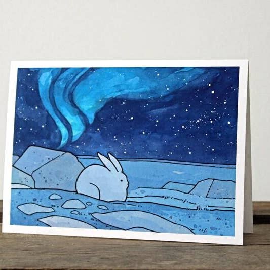 Studio Tuesday – wholesale Everyday greeting card – Snowshoe Hare and Northern Lights Card1