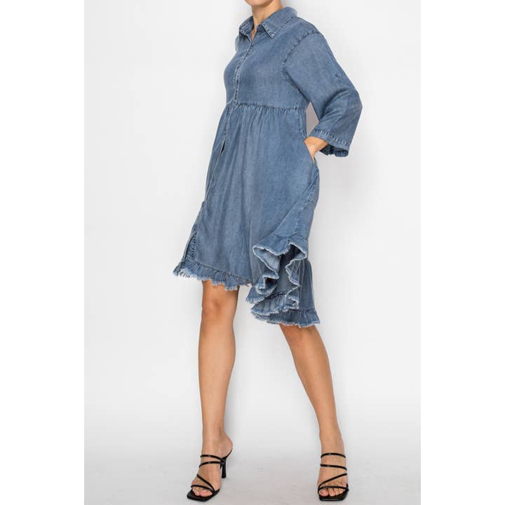 CHAMBRAY FLOWY DRESS OLS-4944DENIM for wholesale by Origami Apparel ~ Lace and Crochet inspired