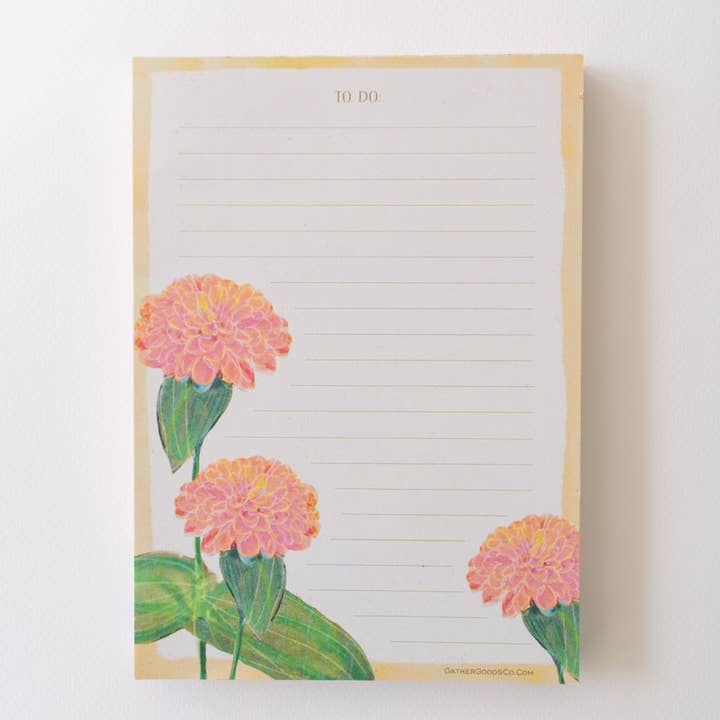 Gather Goods Co - Cards, Coasters, Tea Towels, Art, Mugs - Wholesale Notepad - Flowers Notepad, To-Do List, Orange Zinnias3
