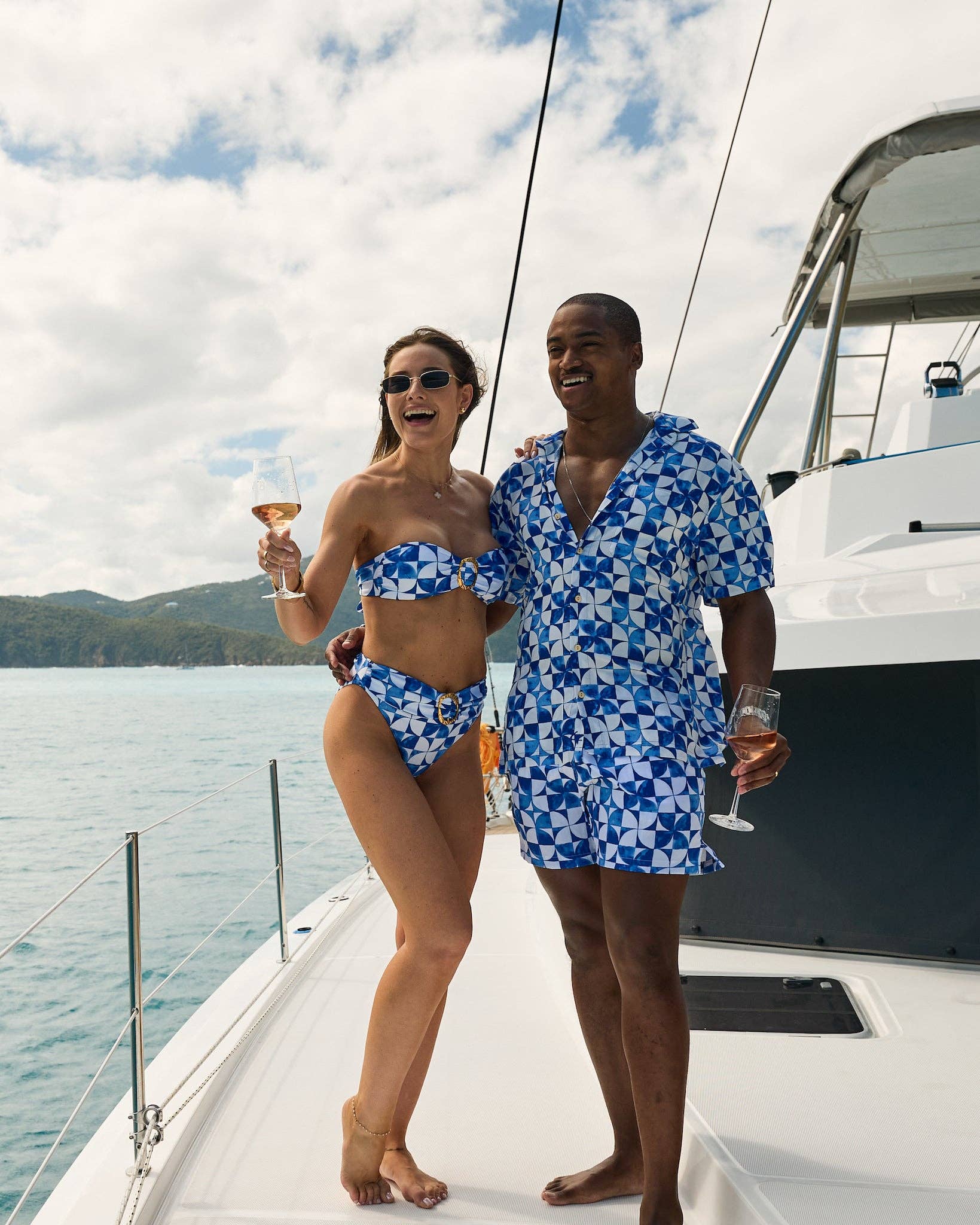 Womens Blue and White Print Bandeau Bikini Top for wholesale on Faire3