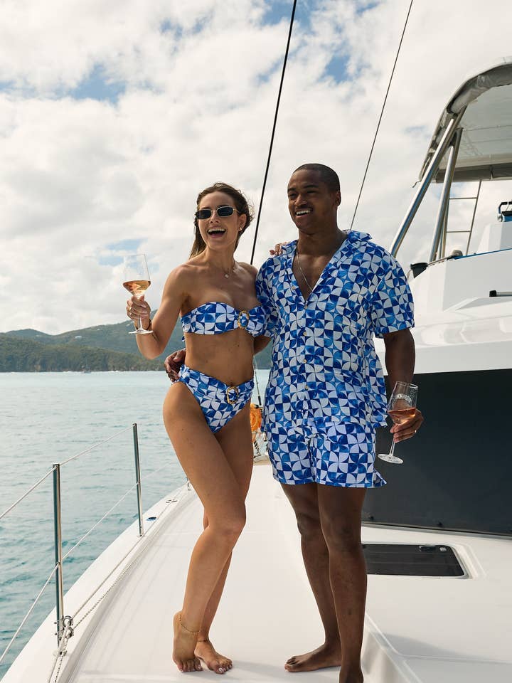 Womens Blue and White Print Bandeau Bikini Top for wholesale on Faire3