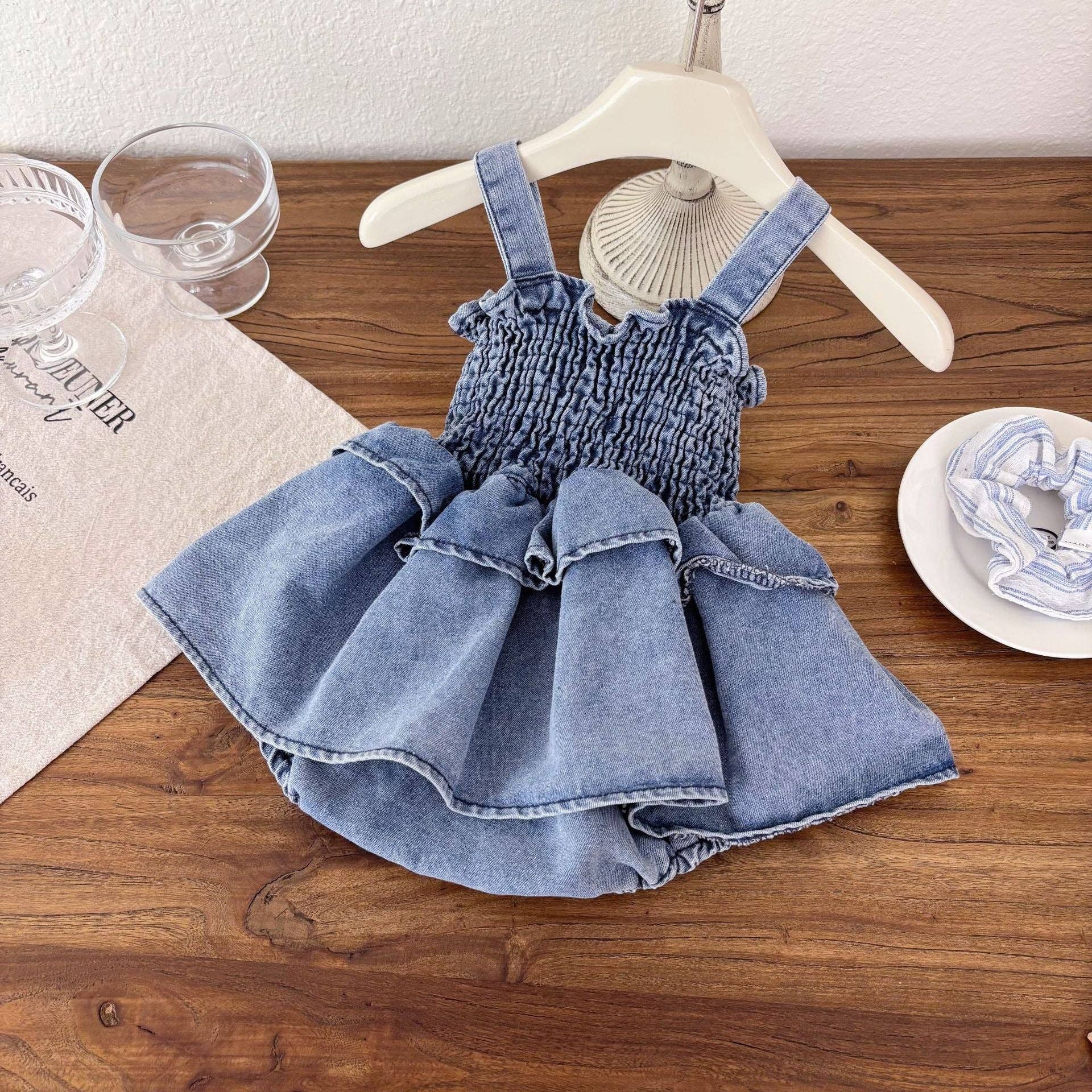 Blue Summer Arrival Baby Girls Cute Sleeveless Denim Pleated Dress Design Strap bodysuit for wholesale on Faire1