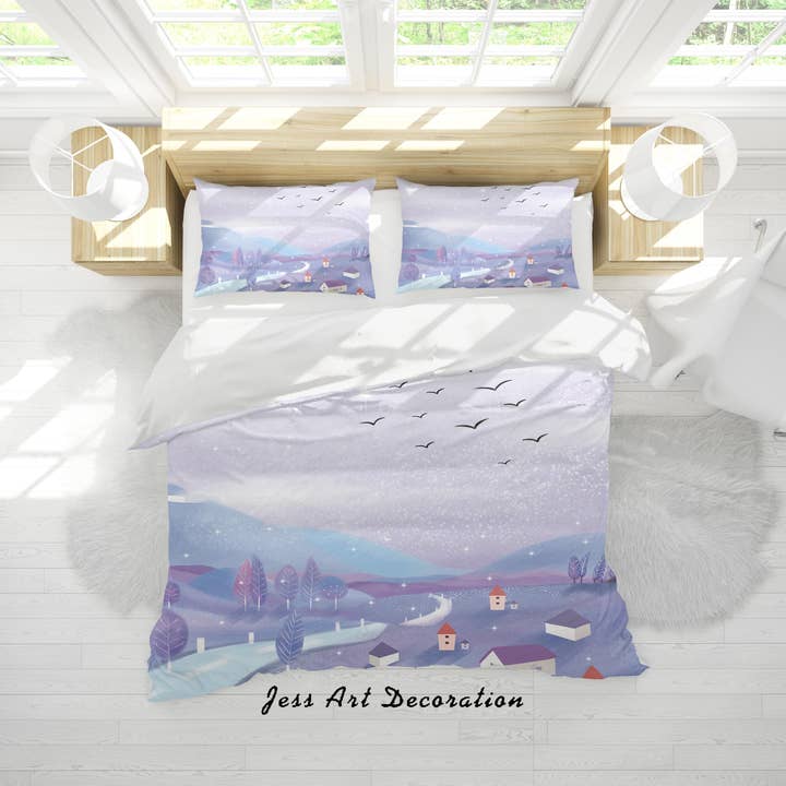 3D Tecknad Lila Hus Träd Himmel Täcke Set Sängkläder Set Påslakan Örngott A556 LQH för wholesale av Jess Art Decoration