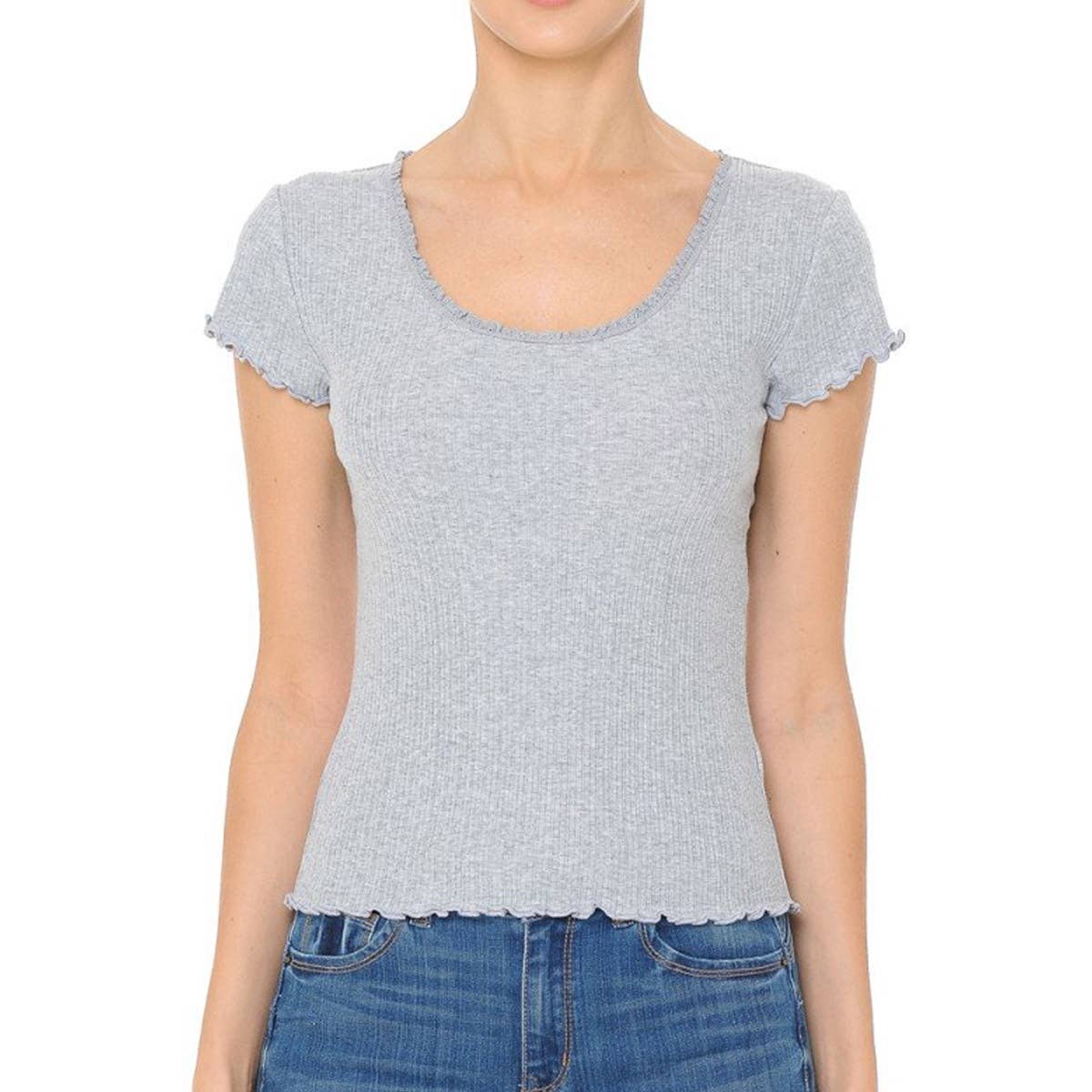 Timeless - Wholesale Knit Top - Women's - LETTUCE LACE TRIMMED SCOOP NECK SHORT SLEEVE TOP2