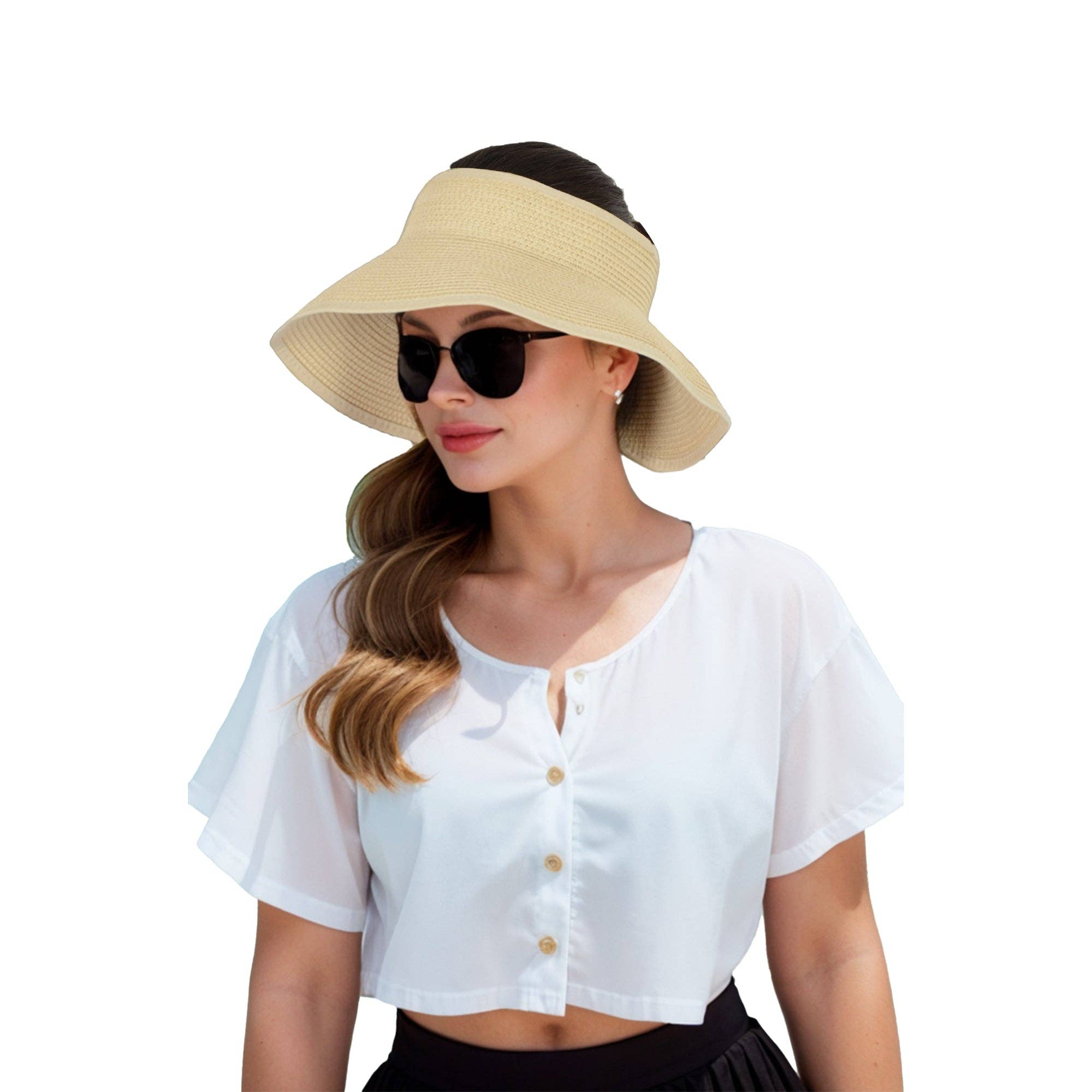AK Brand – wholesale Visor – Women's – Wide Brim Roll-Up Straw Sun Visor Packable Beach Hat UV6