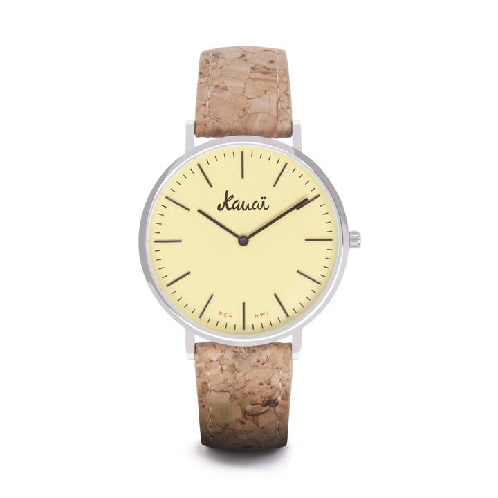 Light yellow watch with cork strap | Kekahi Pineapple for wholesale by Kauai watches