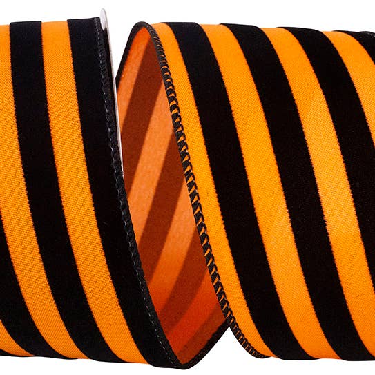 RELIANT RIBBON - Wholesale Ribbon - Gift Wrapping - Halloween Stripes Flocked Wired Edge, Orange/black