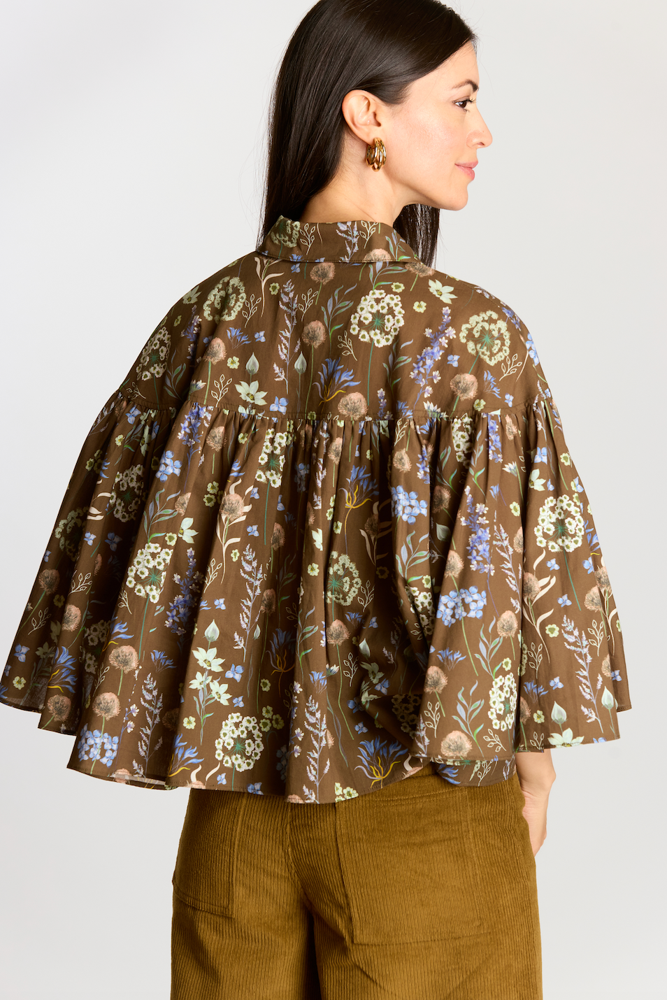 Olive Multi Print Poplin Flowy Sleeve Blouse for wholesale on Faire2