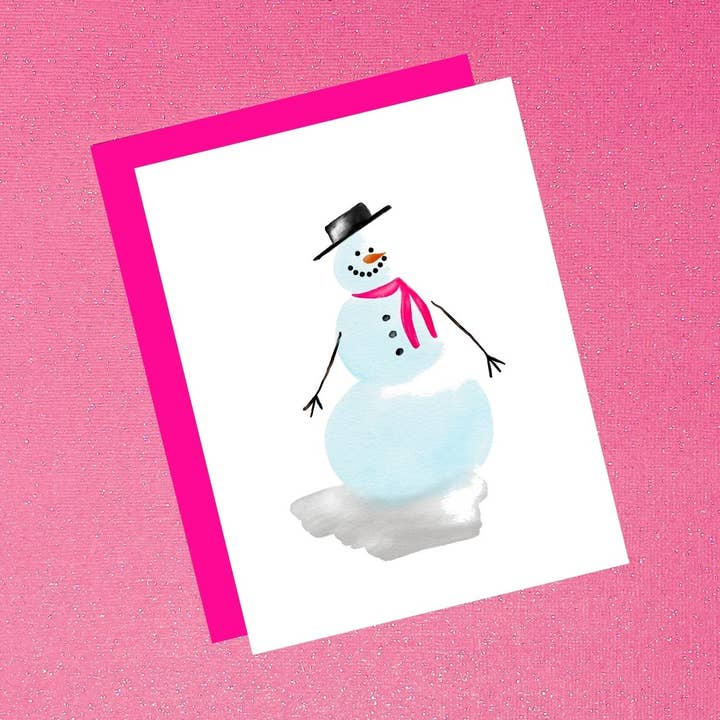 Weihnachts-Grußkarte „Holiday Watercolor Pink Snowman“ für den Großhandel von Tiffany Ascensio Designs | Watercolor Greeting Cards