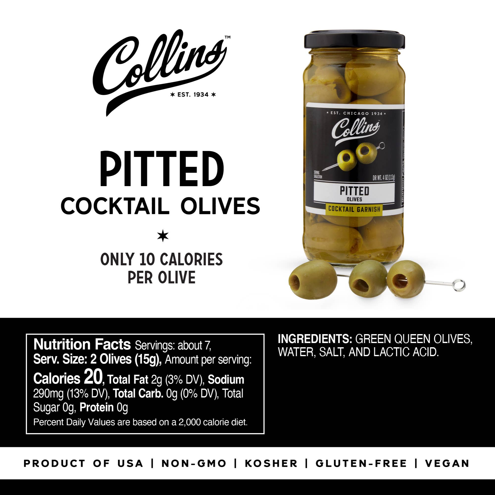 Collins - Wholesale Olives - Gourmet Spanish Pitted Cocktail and Condiment Olives 4 oz3