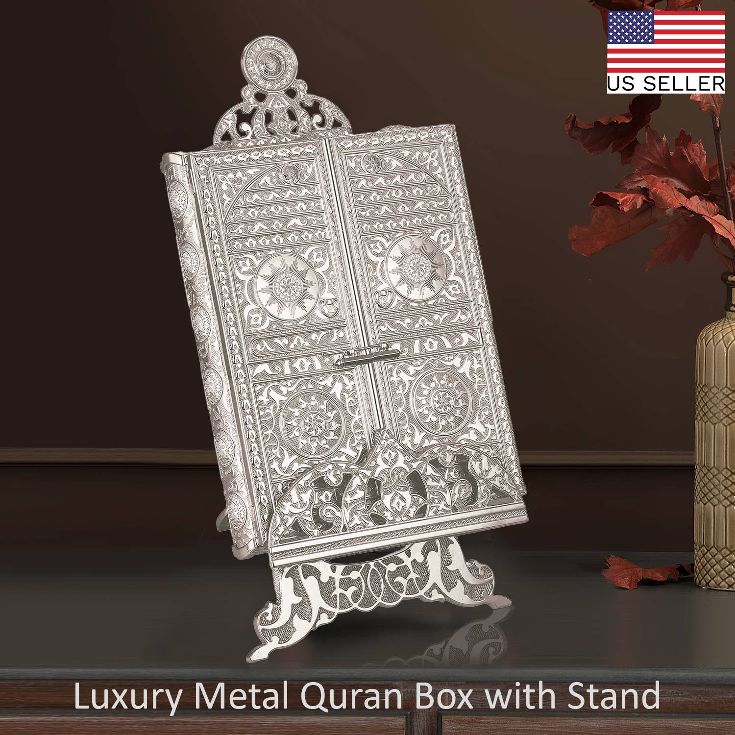 Hakan - Wholesale Decorative Box - Luxury Metal Quran Box with Stand, Gold, and Nickel7