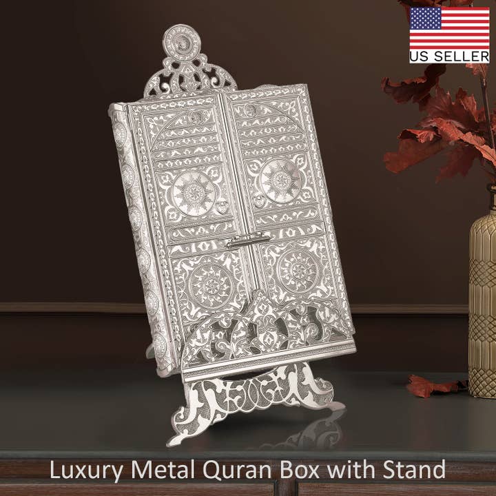 Hakan - Wholesale Decorative Box - Luxury Metal Quran Box with Stand, Gold, and Nickel7