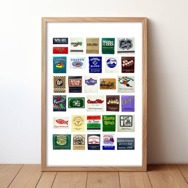 Texas Matchbook Collage Art Poster for wholesale by Tejas Country Club