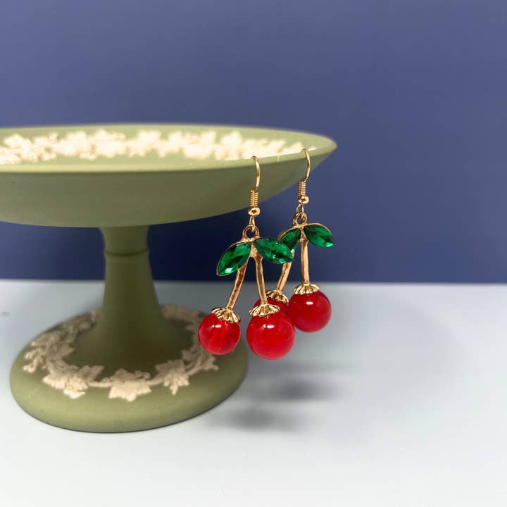 Mini Cherry Drop Earrings Red Beads & Green Crystal Leaves for wholesale by Rainbow Unicorn Birthday Surprise