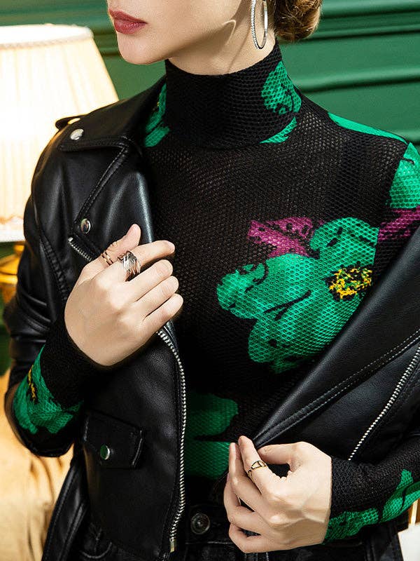 BLACK Urban Skinny Lace Printed Half Turtleneck T-Shirts Tops for wholesale on Faire5