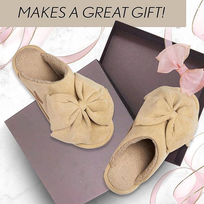 Funky Junque - Wholesale Slippers - Women's - Plush Slippers - Oversized Bow - Dark Beige