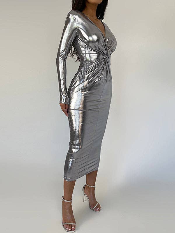 VividLux - Wholesale Dress - Women's - Bodycon High Waisted Knot Shiny Solid Color Deep V-Neck Midi Dresses7