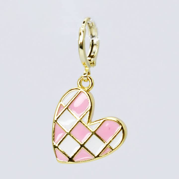 Pink Plaid Heart Charm for wholesale by Treasure Jewels Inc.
